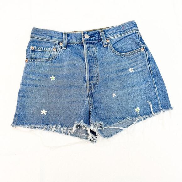Levi's Ribcage Blue Denim Jean Shorts Embroidered Daisies Size 29 - Picture 1 of 6